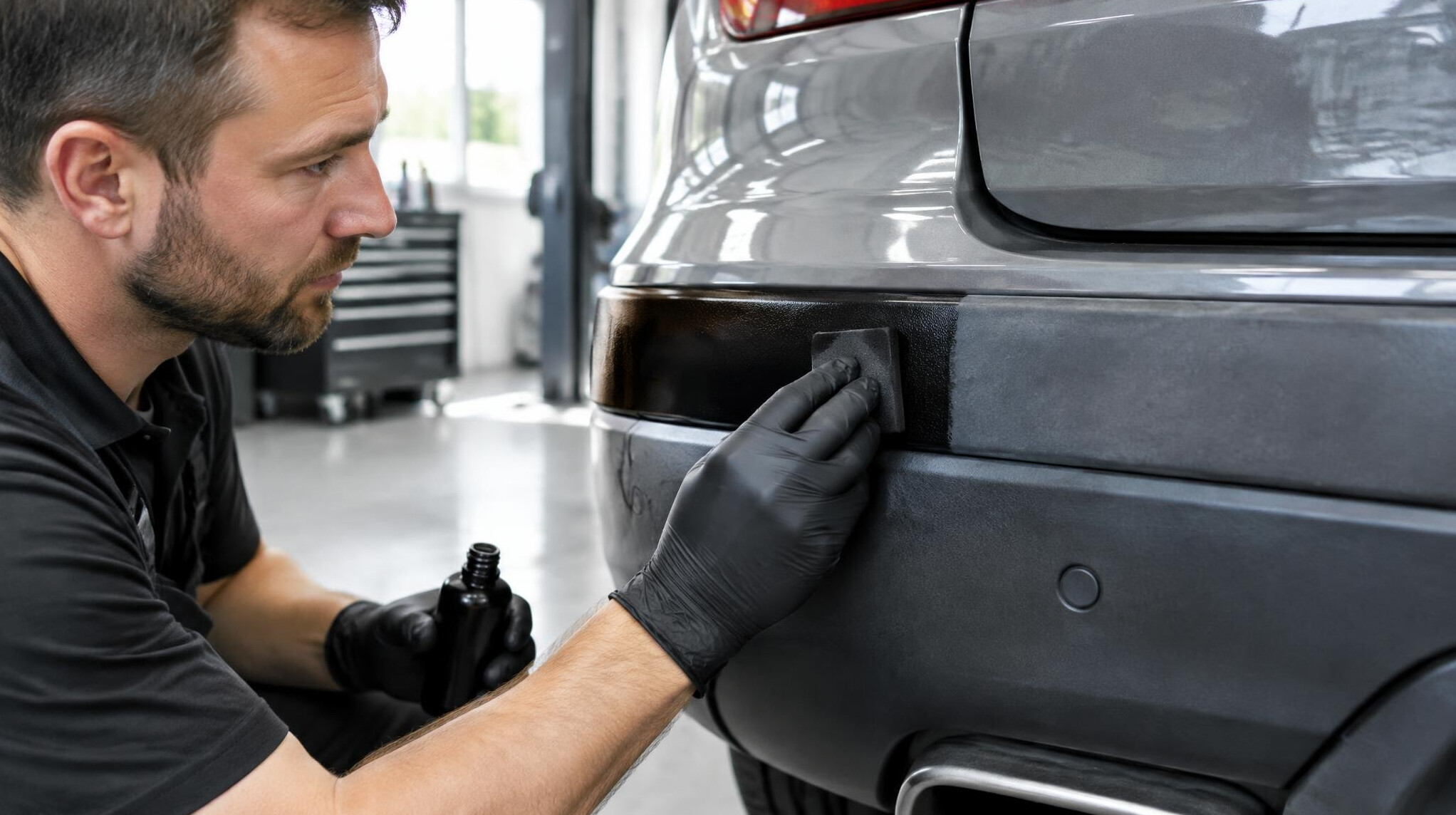 Detailer restoring faded black plastic bumper trim on a car